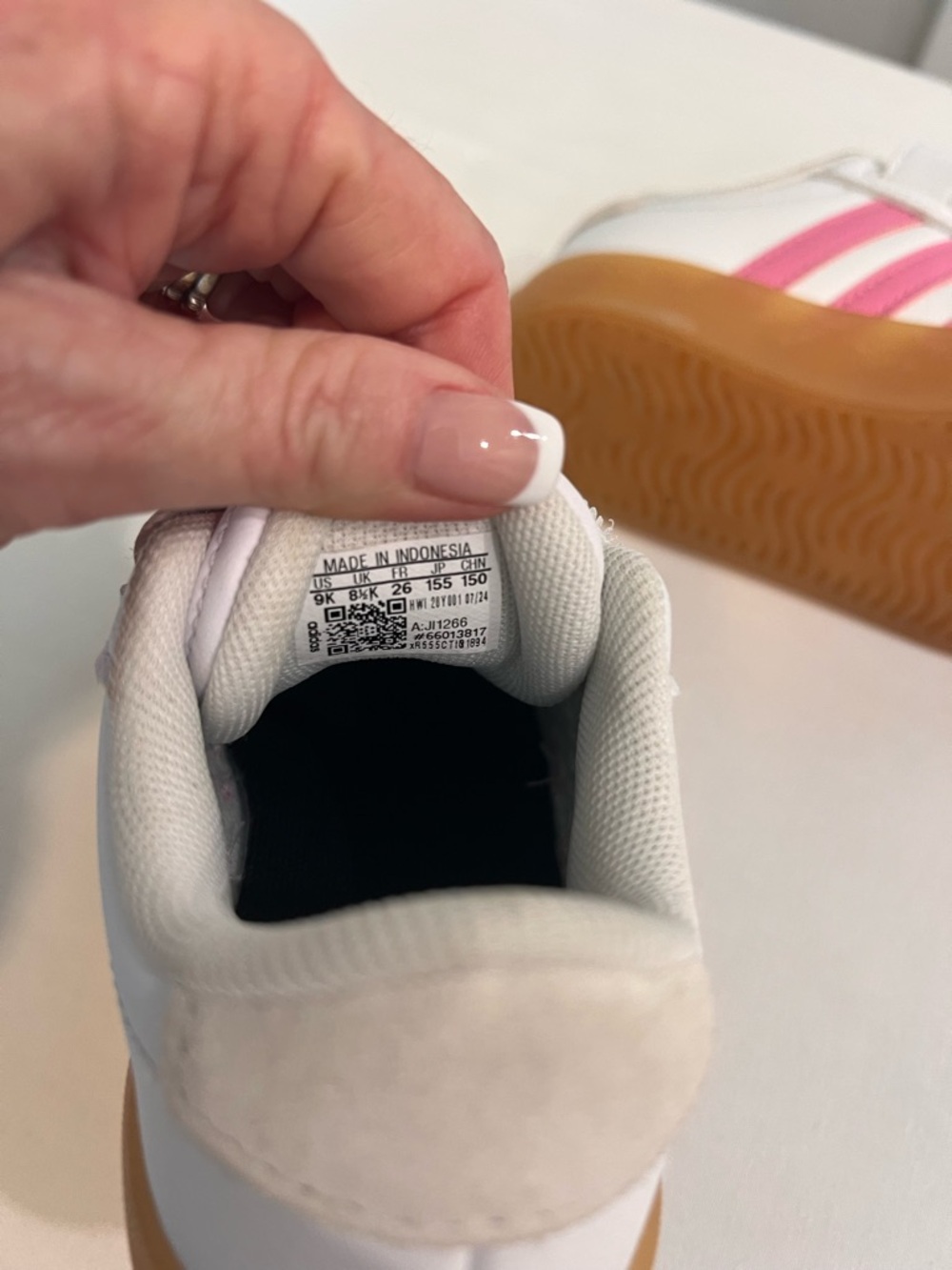 adidas White Kids Sneakers with Pink Stripes and Gum Sole - Velcro - Picture 7 of 8